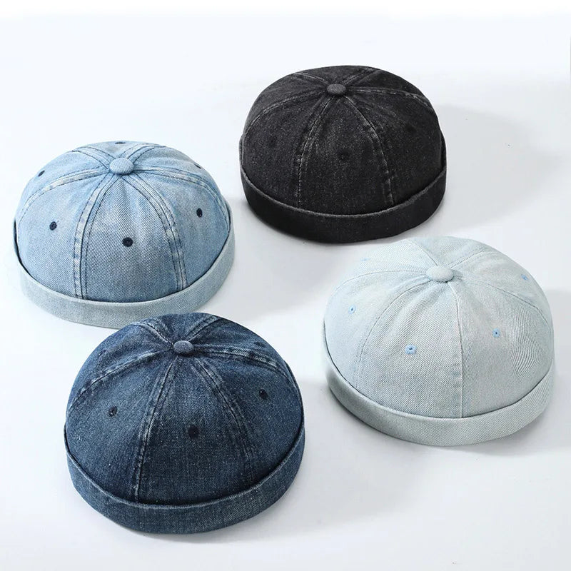 Blue Denim Washed Cotton Adjustable Beanie Hats