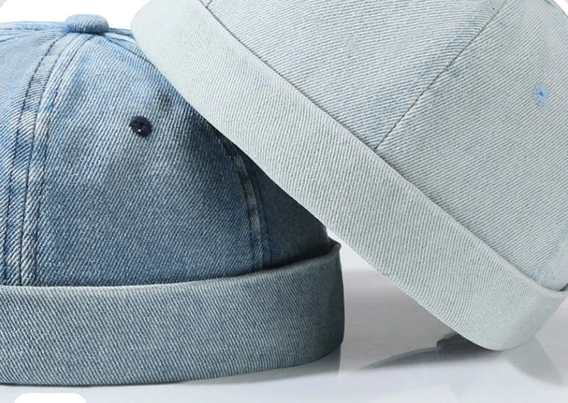 Blue Denim Washed Cotton Adjustable Beanie Hats