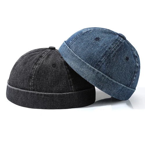Blue Denim Washed Cotton Adjustable Beanie Hats