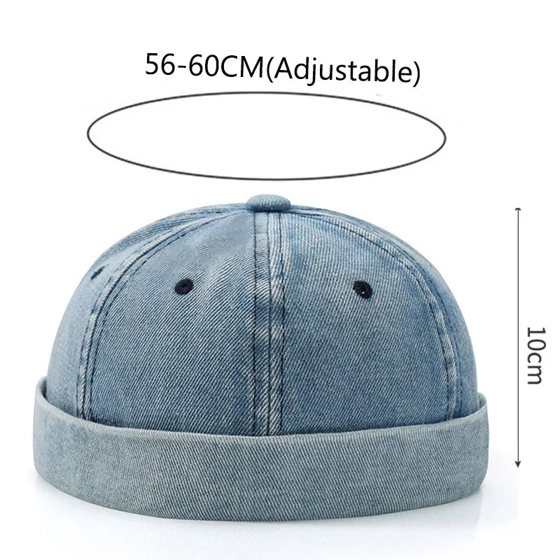 Blue Denim Washed Cotton Adjustable Beanie Hats