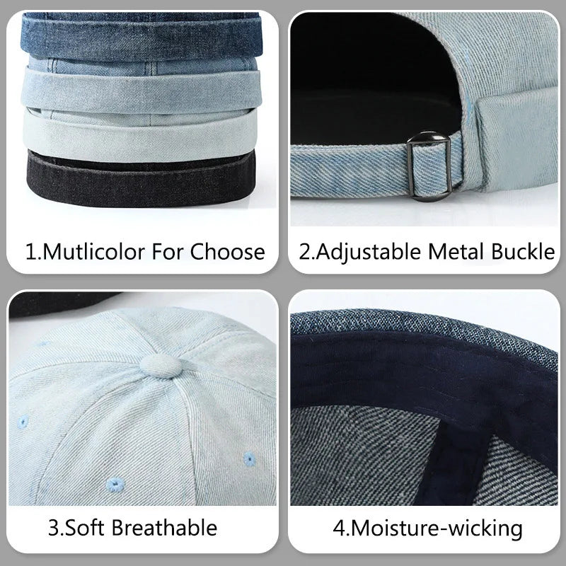 Blue Denim Washed Cotton Adjustable Beanie Hats